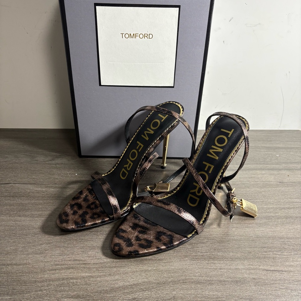 Tom Ford Leopard Print Satin Strappy Heels with Gold Stiletto